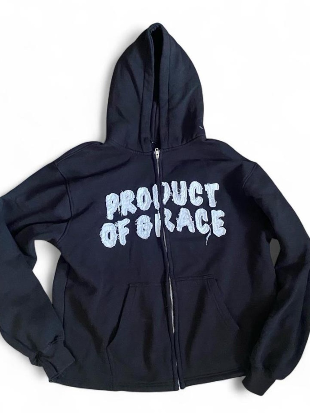 Unbranded Black Zip-Up Hoodie with Light Blue 'Product of Grace' Graphic
